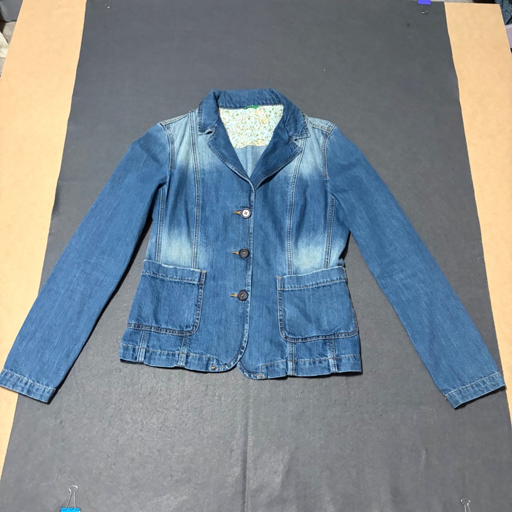 United Colors of Benetton Denim Blazer Women M Blue 90S Y2K Distressed Fitted